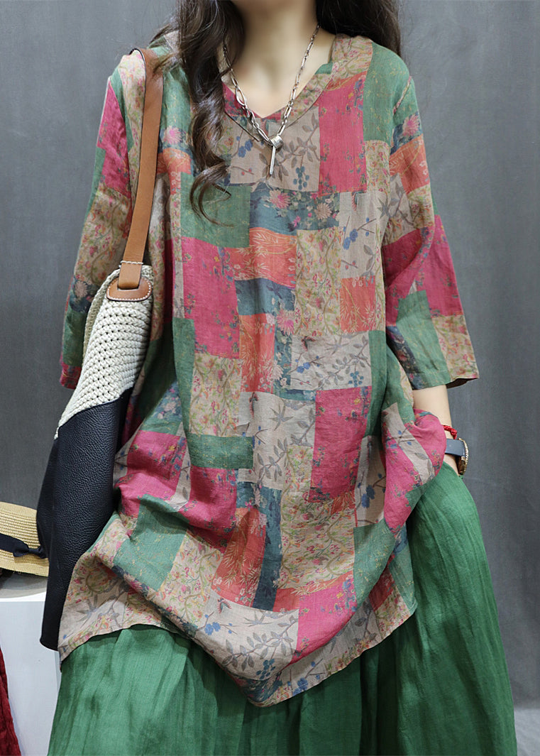 Loose Colorblock Print Side Open Linen Shirt Half Sleeve GG062