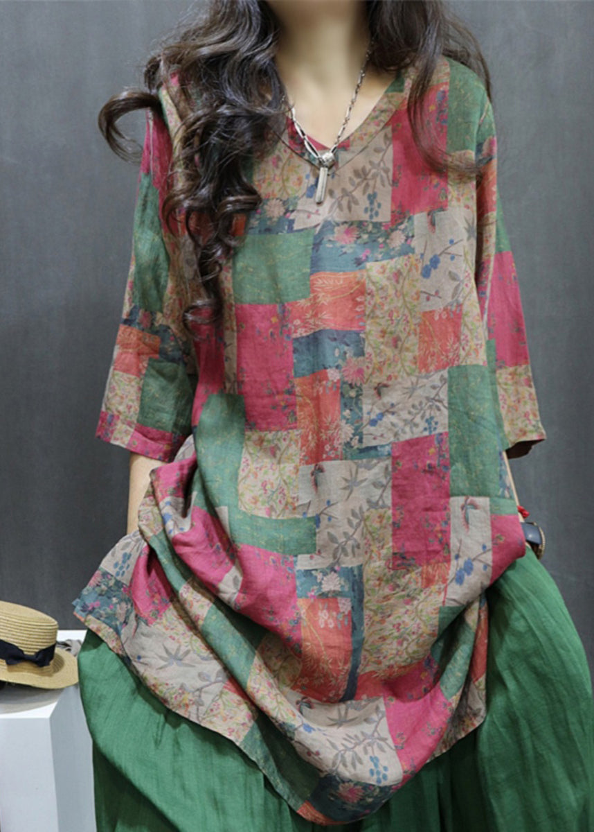 Loose Colorblock Print Side Open Linen Shirt Half Sleeve GG062
