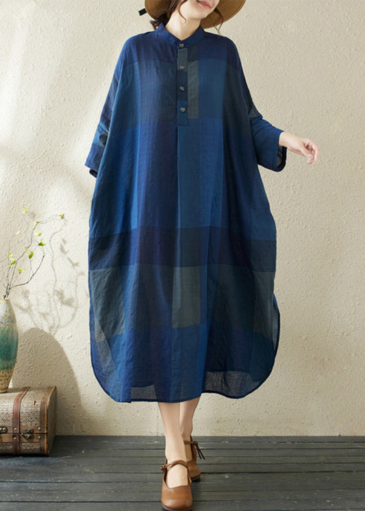 Plaid Dunkel Lose Stand Blau Seite Kleider Kragen Offen Lange