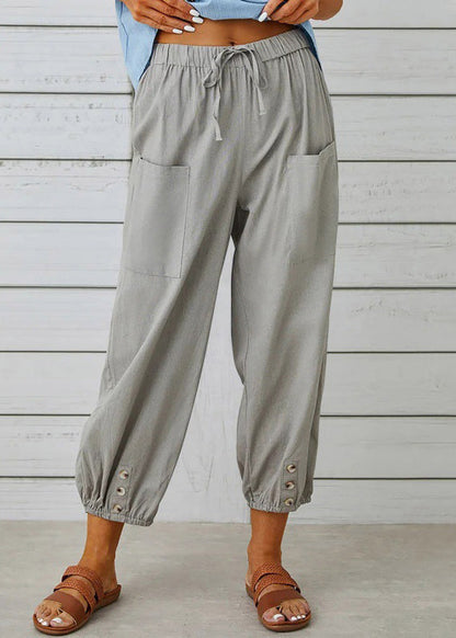 Pantalon court ample en coton gris foncé avec poches et taille élastique pour l'été QE048