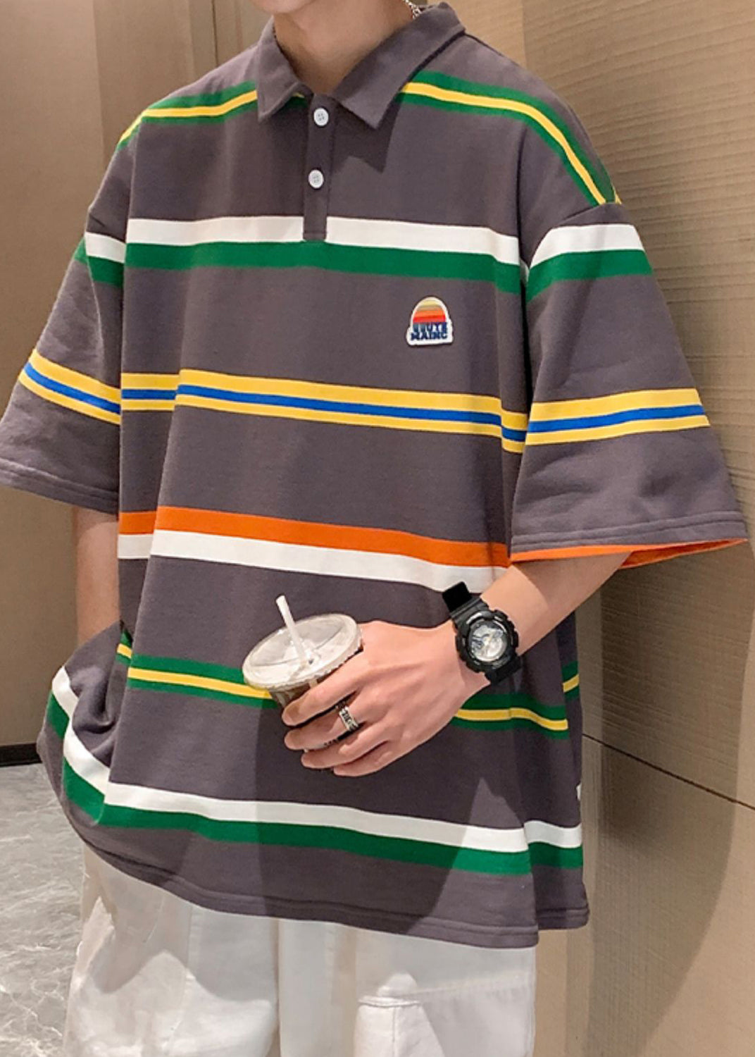 Halbarmhemden Dunkelgraues Poloshirt aus Baumwolle mit Streifen und lockeren Knöpfen