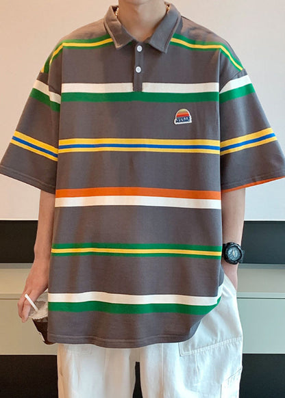 Halbarmhemden Dunkelgraues Poloshirt aus Baumwolle mit Streifen und lockeren Knöpfen