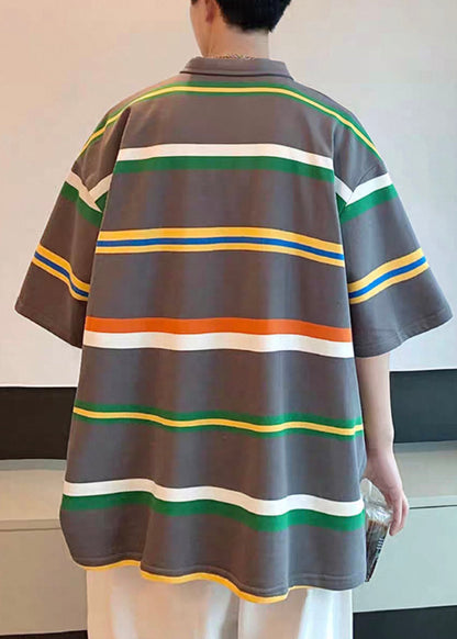 Halbarmhemden Dunkelgraues Poloshirt aus Baumwolle mit Streifen und lockeren Knöpfen