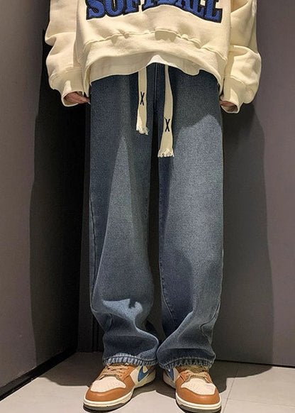 Pantalon en denim bleu ample, design original, taille élastique, polaire chaude, pour homme, printemps RM029