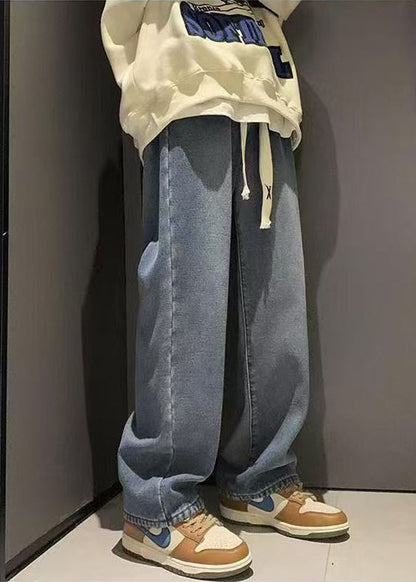 Pantalon en denim bleu ample, design original, taille élastique, polaire chaude, pour homme, printemps RM029