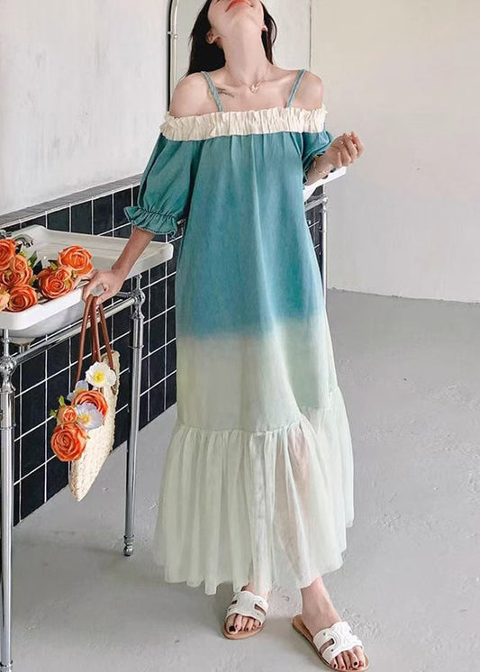 Loose Long Ruffled Gradient Patchwork Dresses Color Tulle
