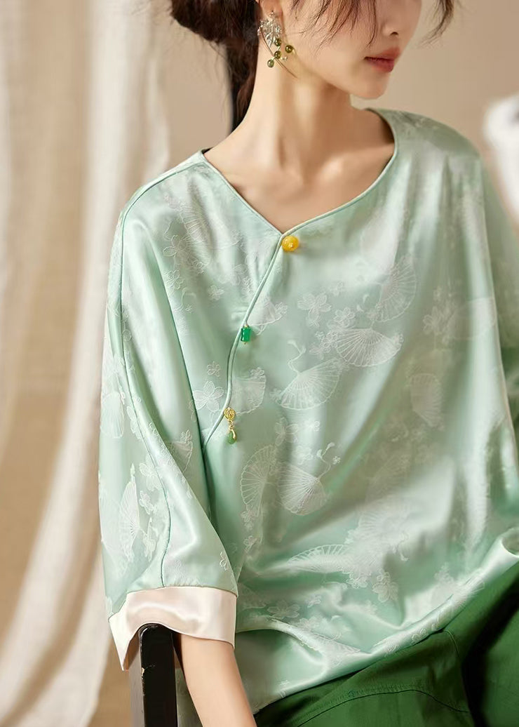 Loose Green Button Print Silk Shirt Bracelet Sleeve AB1051