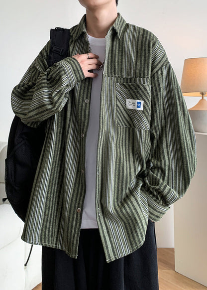 Chemises en coton à boutons et rayures pour hommes, poches, amples, vert printemps