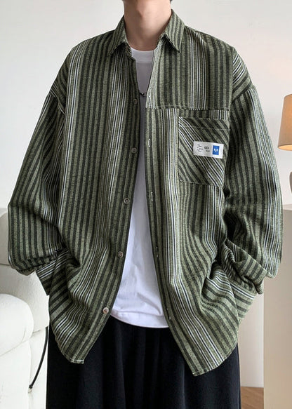 Chemises en coton à boutons et rayures pour hommes, poches, amples, vert printemps