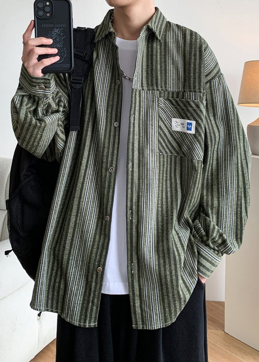 Chemises en coton à boutons et rayures pour hommes, poches, amples, vert printemps