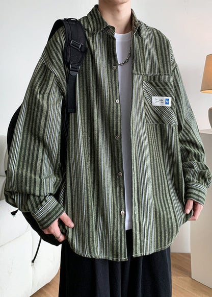 Chemises en coton à boutons et rayures pour hommes, poches, amples, vert printemps