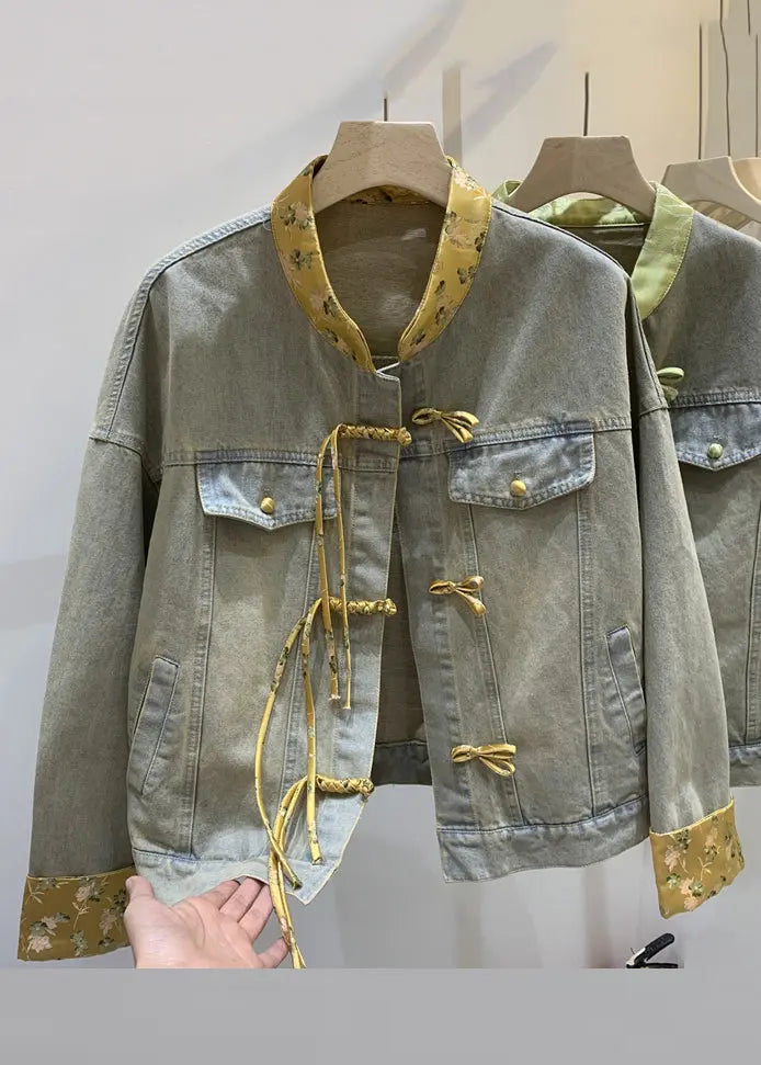 Loose Green Chinese Button Patchwork Denim Coats Long Sleeve Ada Fashion