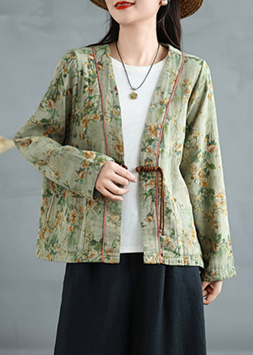 Loose Green Chinese Button Print Cotton Coat Fall QG035