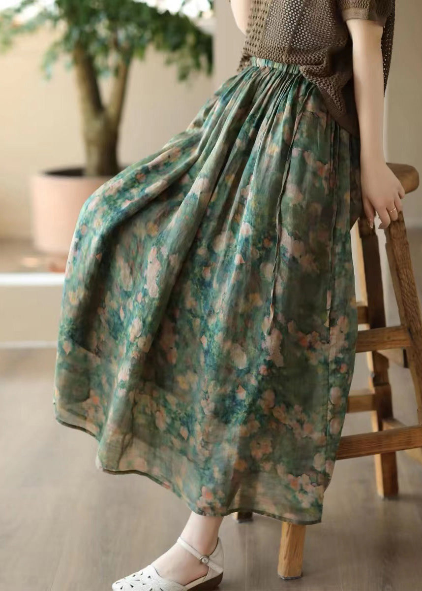 Loose Green Elastic Waist Print Linen Skirts Summer LK030