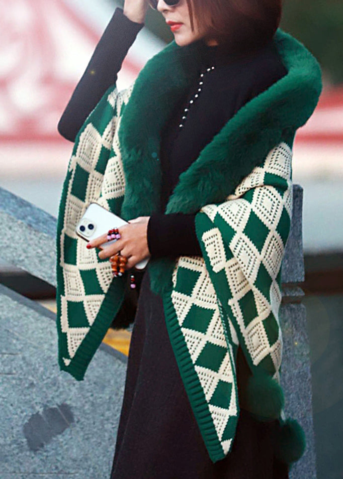 Loose Green Fur Collar Patchwork Geometric Knit Shawl WP030