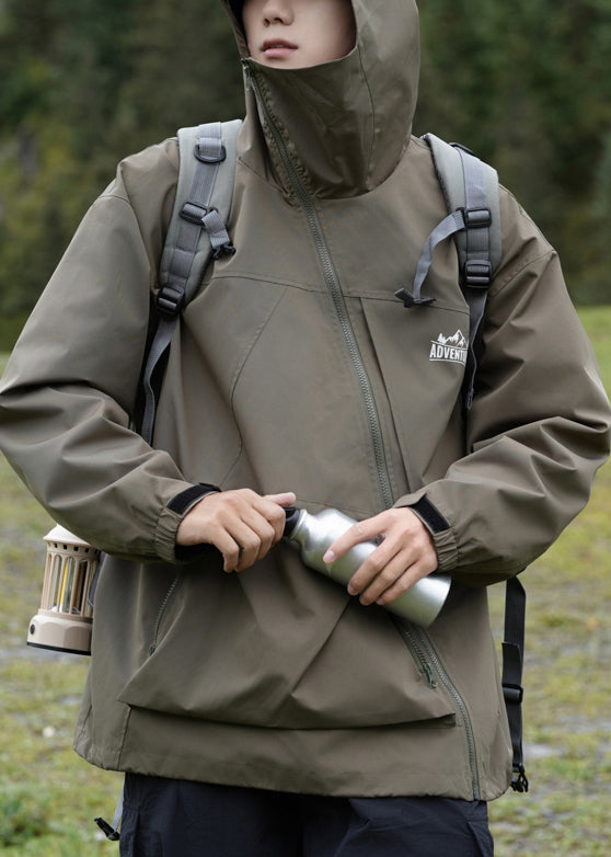 Taschen Kapuze Lose Baumwolle Grün Männer Frühling Reißverschluss Mantel