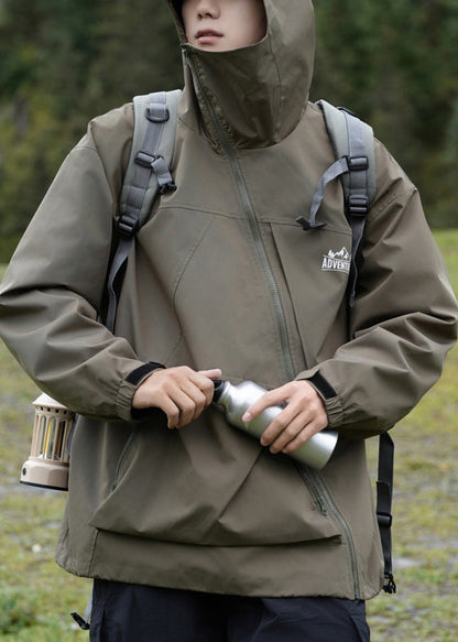 Taschen Kapuze Lose Baumwolle Grün Männer Frühling Reißverschluss Mantel