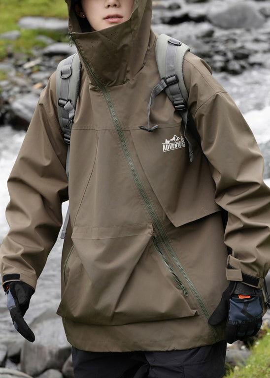Taschen Kapuze Lose Baumwolle Grün Männer Frühling Reißverschluss Mantel