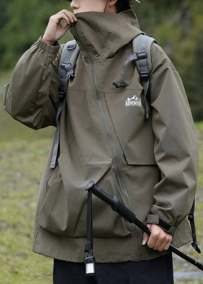 Taschen Kapuze Lose Baumwolle Grün Männer Frühling Reißverschluss Mantel