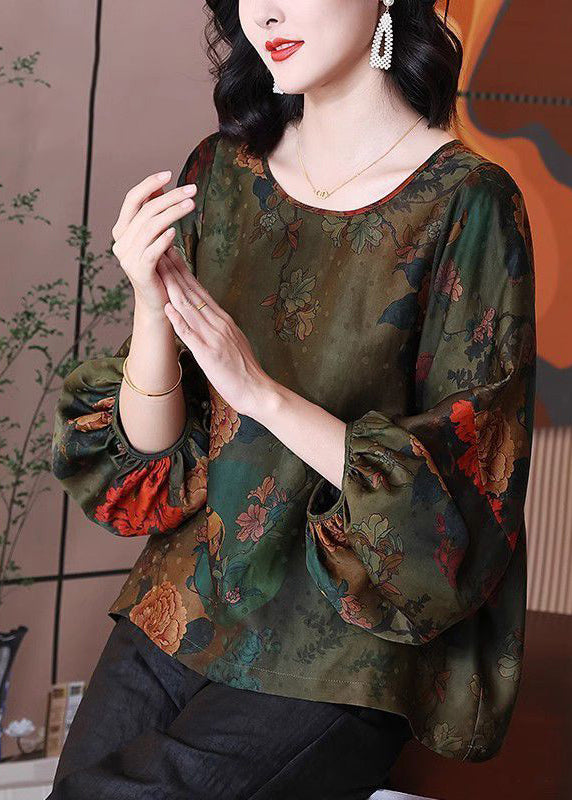 Loose Green O-Neck Print Silk Shirt Bracelet Sleeve QV054