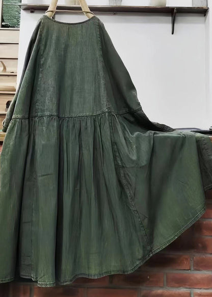 Robe mi-longue ample en coton vert uni à col rond et manches longues G170