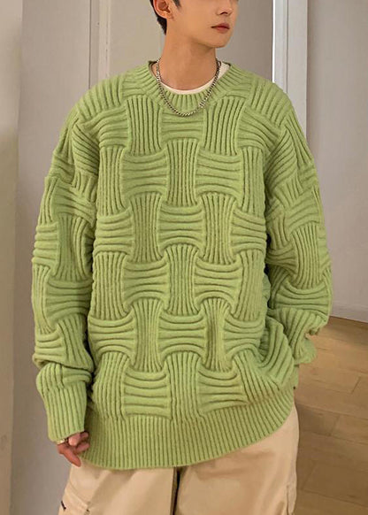 Pull en tricot épais et solide à col rond pour homme, vert et ample, pour l'hiver, QF037