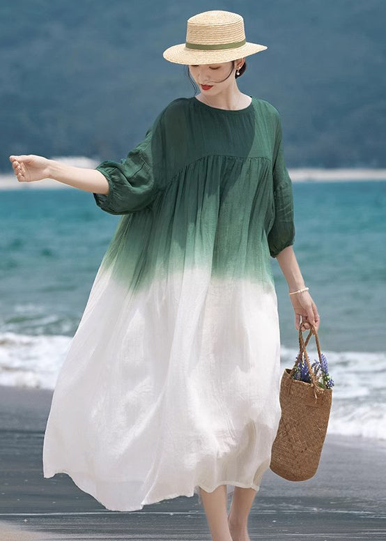 Loose Green O-Neck Wrinkled Patchwork Cotton Dress Half Sleeve MN082