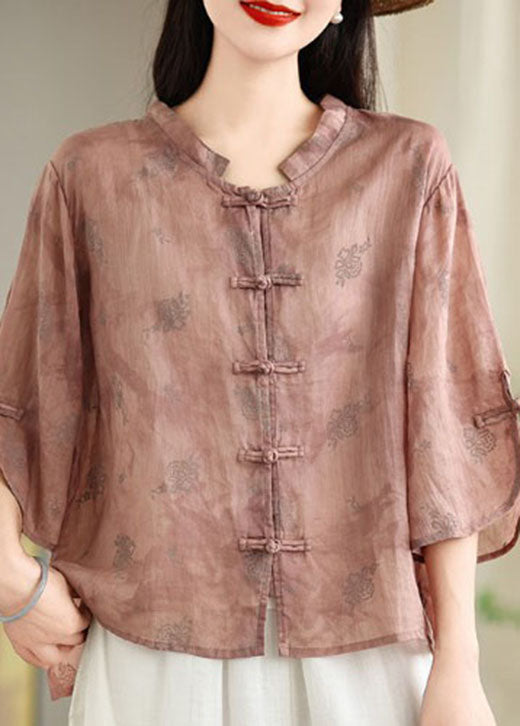 Green Tops Shirt Oriental Jacquard Cotton Loose Button Summer