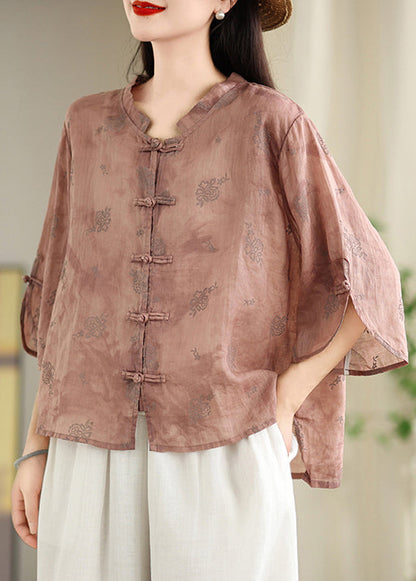 Green Tops Shirt Oriental Jacquard Cotton Loose Button Summer