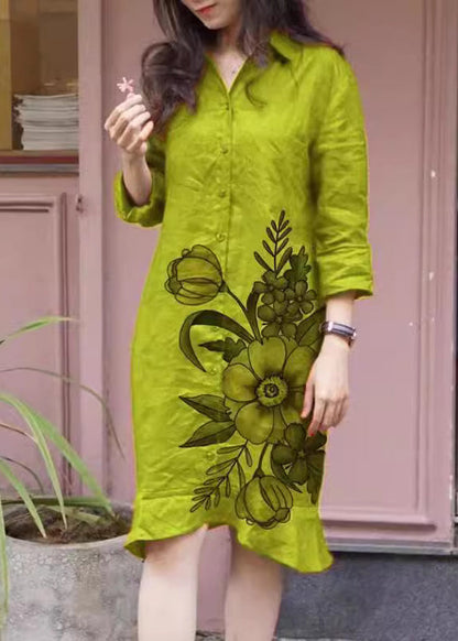 Collar Print Long Dress Button Green Loose Pan Shirts Fall Peter