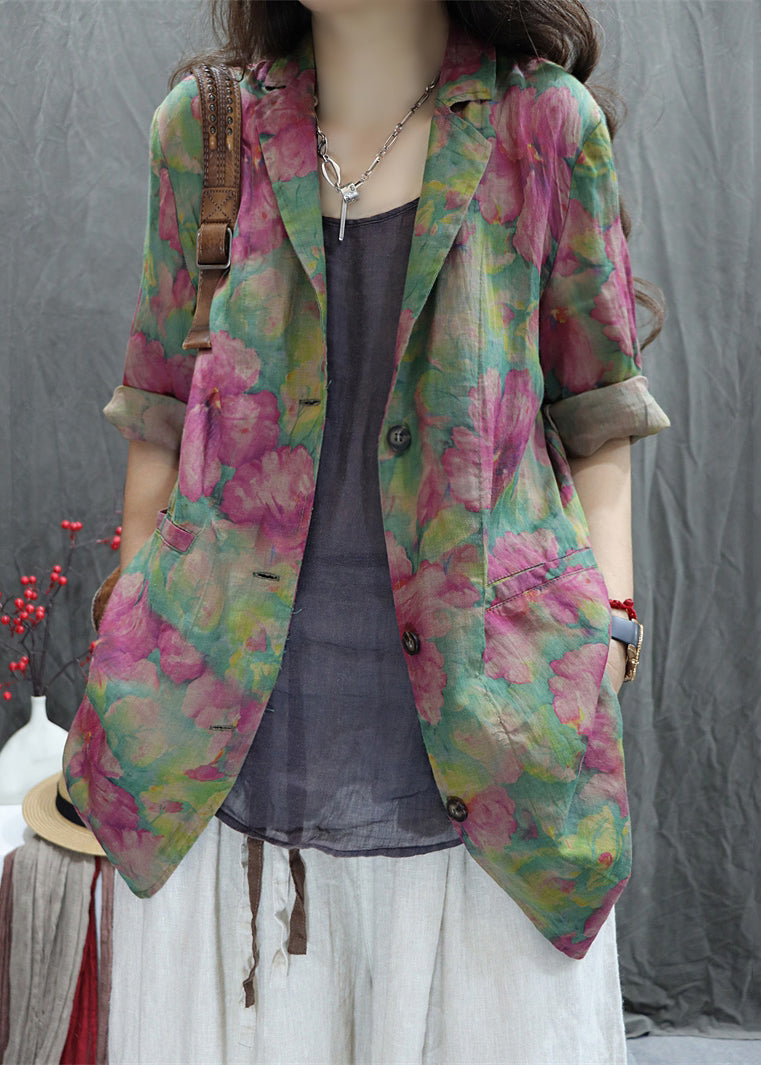 Loose Cotton Pan Coats Green Collar Print Spring Peter