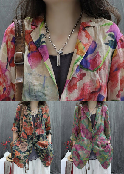 Loose Cotton Pan Coats Green Collar Print Spring Peter
