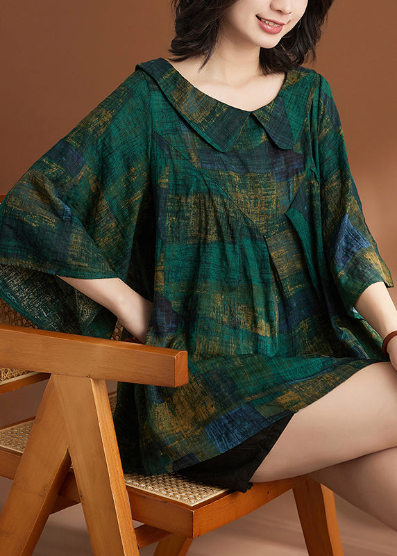 Loose Green Peter Pan Collar Print Shirt Short Sleeve AP061