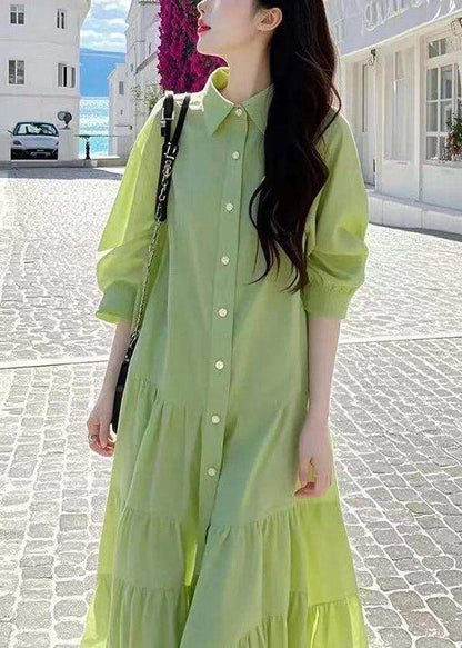 Pan Blouses Peter Loose Button Collar Wrinkled Green Cotton