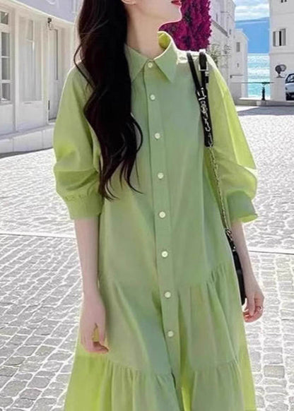 Pan Blouses Peter Loose Button Collar Wrinkled Green Cotton