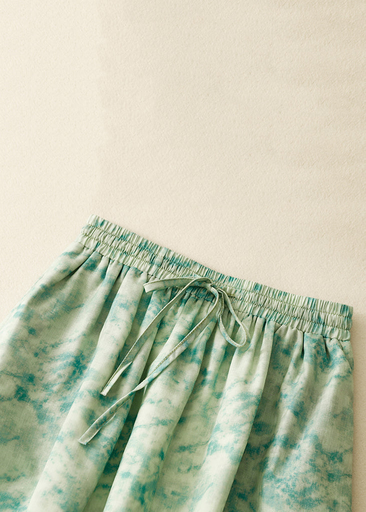 Loose Green Print Elastic Waist Cotton Skirt Summer GG001