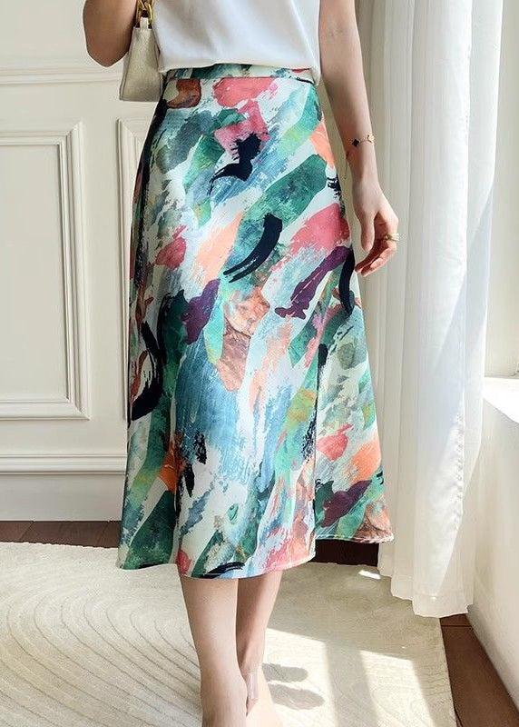 Loose Green Print High Waist Silk Skirt Summer KJ016