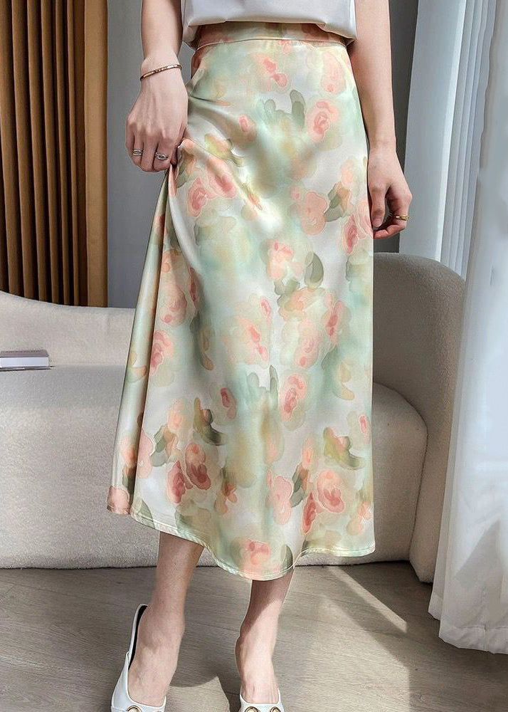 Loose Green Print High Waist Silk Skirt Summer KJ016