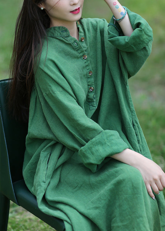 Loose Green Stand Collar Button Pockets Linen Dress Long Sleeve MN090