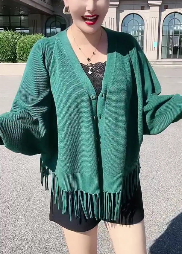 Loose Green Tasseled Button Knit Cardigans Batwing Sleeve Ada Fashion