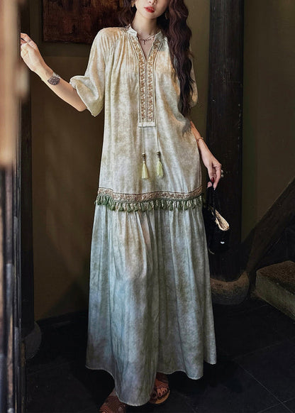 Loose Sleeve Long Green Dresses Silk Tasseled Butterfly