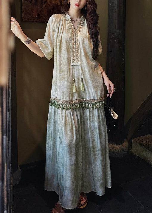 Loose Sleeve Long Green Dresses Silk Tasseled Butterfly