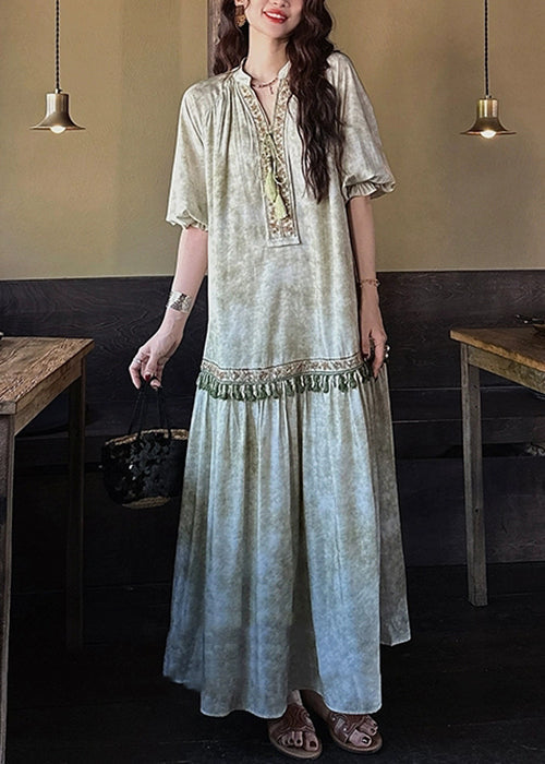 Loose Sleeve Long Green Dresses Silk Tasseled Butterfly