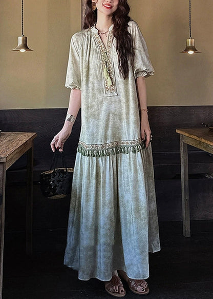 Loose Sleeve Long Green Dresses Silk Tasseled Butterfly