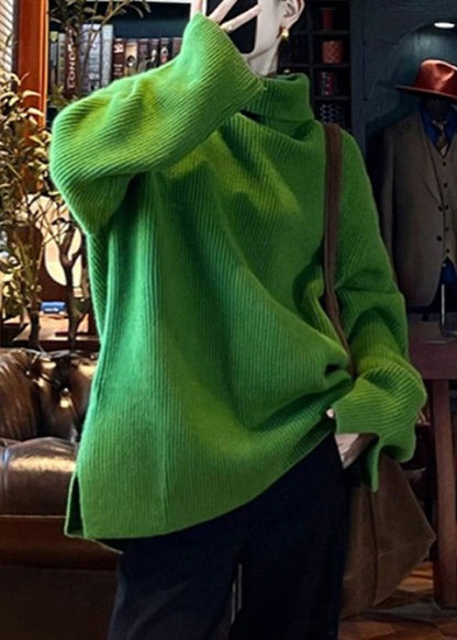 Pull en tricot de coton vert ample à col roulé et ouverture latérale, printemps TO036