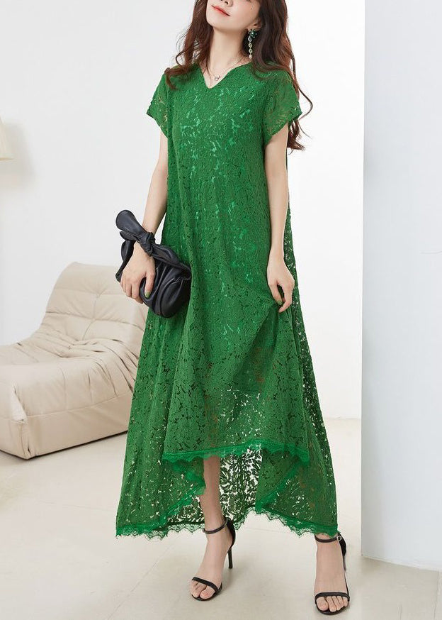 Loose Green V Neck Hollow Out Lace Dress Summer XX068