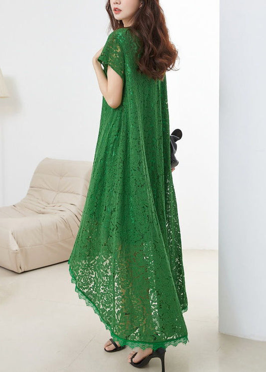 Loose Green V Neck Hollow Out Lace Dress Summer XX068