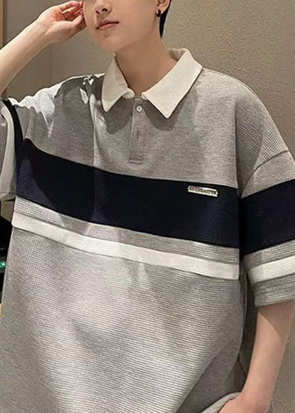 Polo Button Summer Cotton Shirts Loose Mens Grey Patchwork