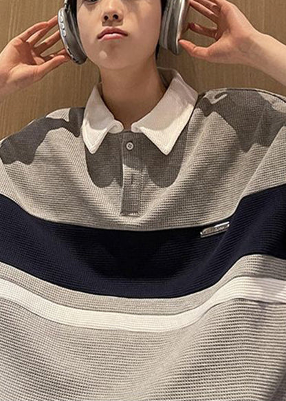 Polo Button Summer Cotton Shirts Loose Mens Grey Patchwork