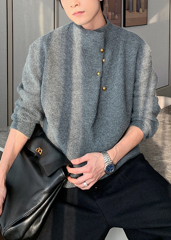 Pull en tricot uni à boutons gris ample pour homme, printemps TK012